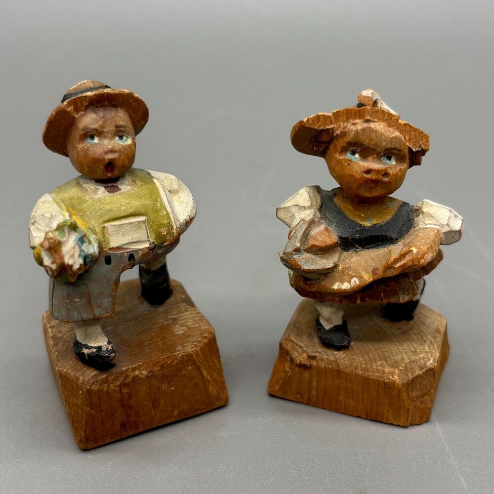 Vintage ANRI Hand Carved Wood Figurines Italian Folk Art Dancing Boy Girl READ